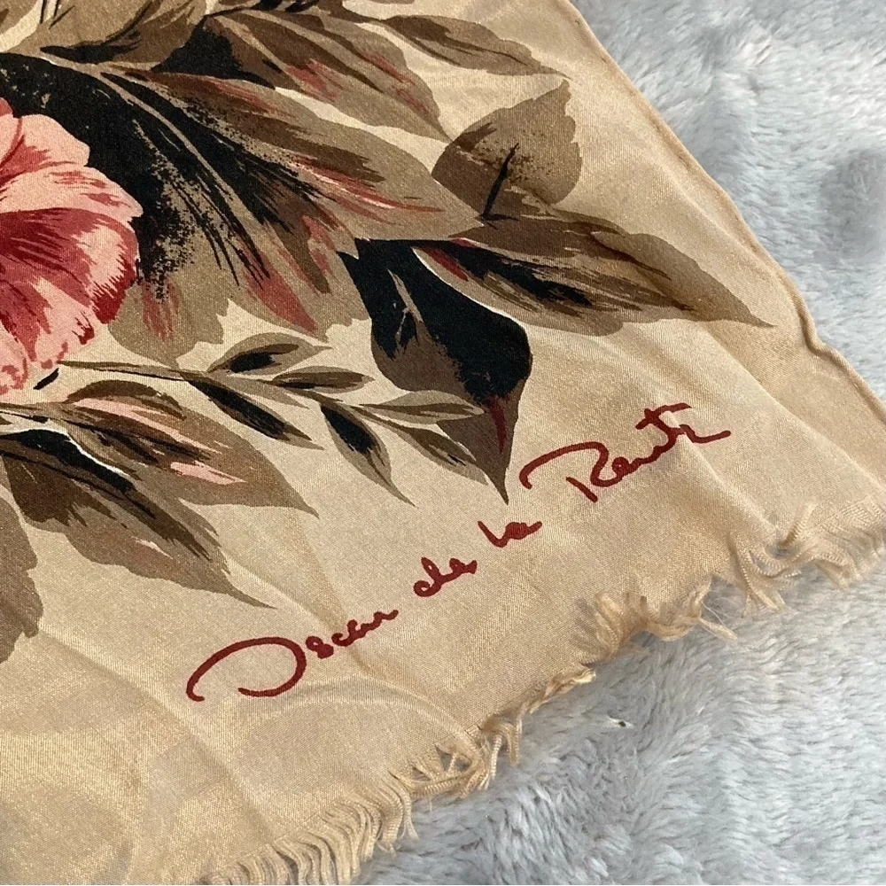 Vintage Oscar de la Renta Silk Floral Plaid Scarf Raw Fringe Wrap Designer